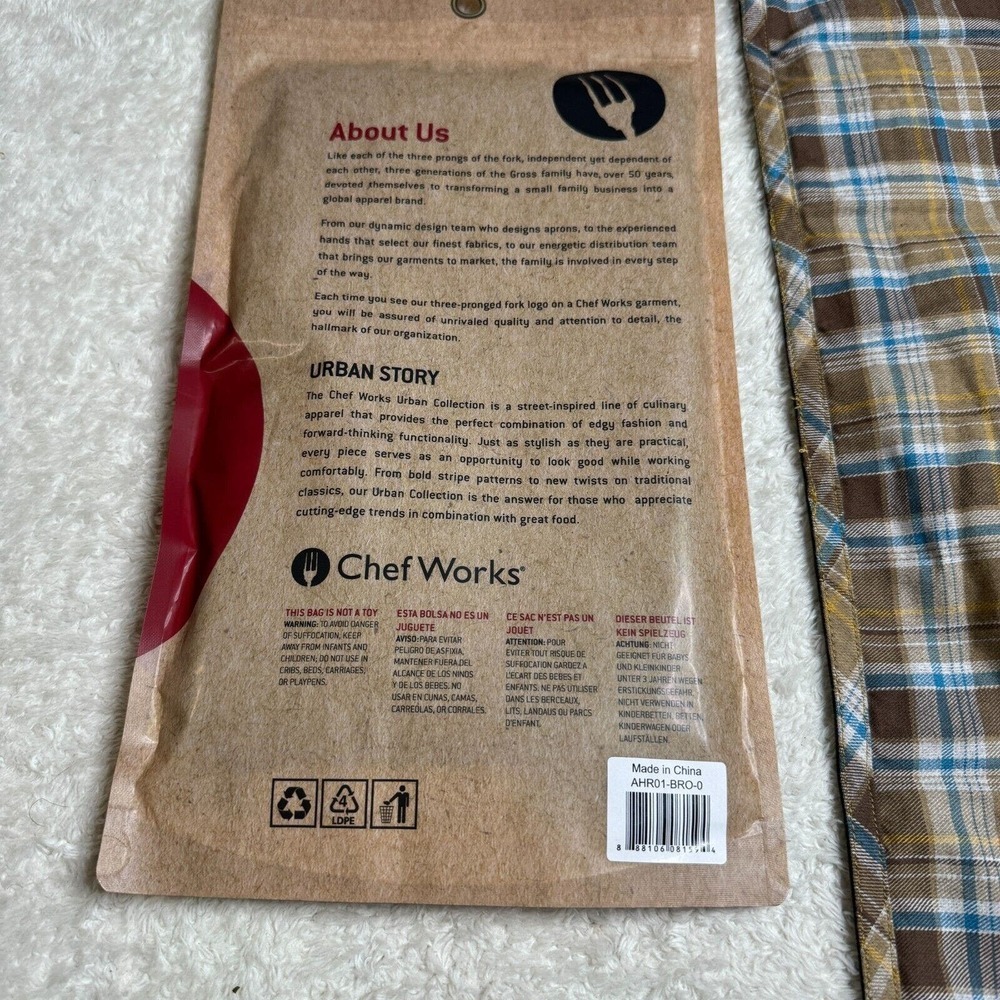 Chef Works Half Bistro Apron Olympia Reversible Plaid NEW Brown Blue Pockets - Picture 4 of 6